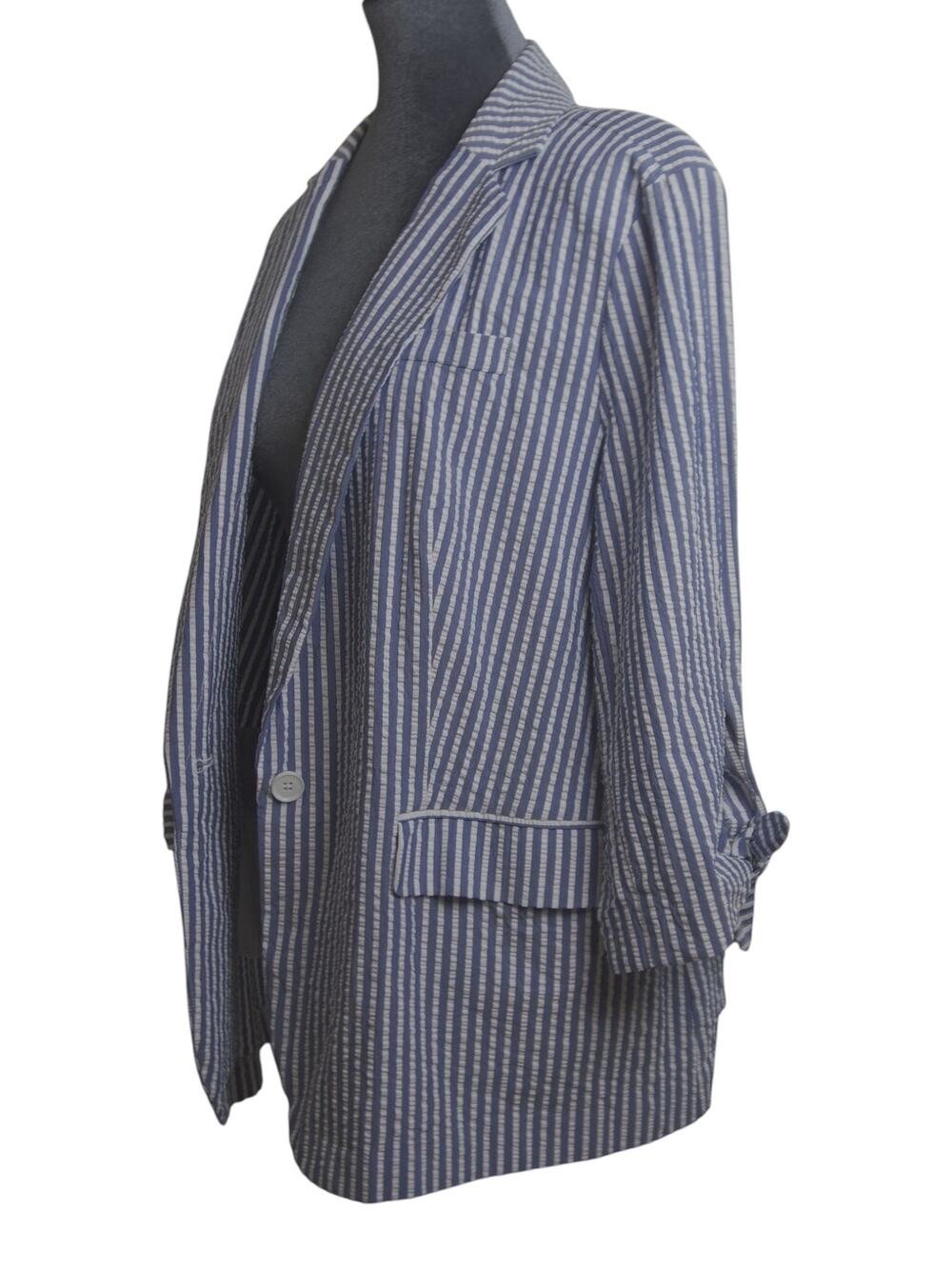 ELLE Seersucker Blazer Women XXL Blue White Stripe Tie Sleeve Nautical Jacket